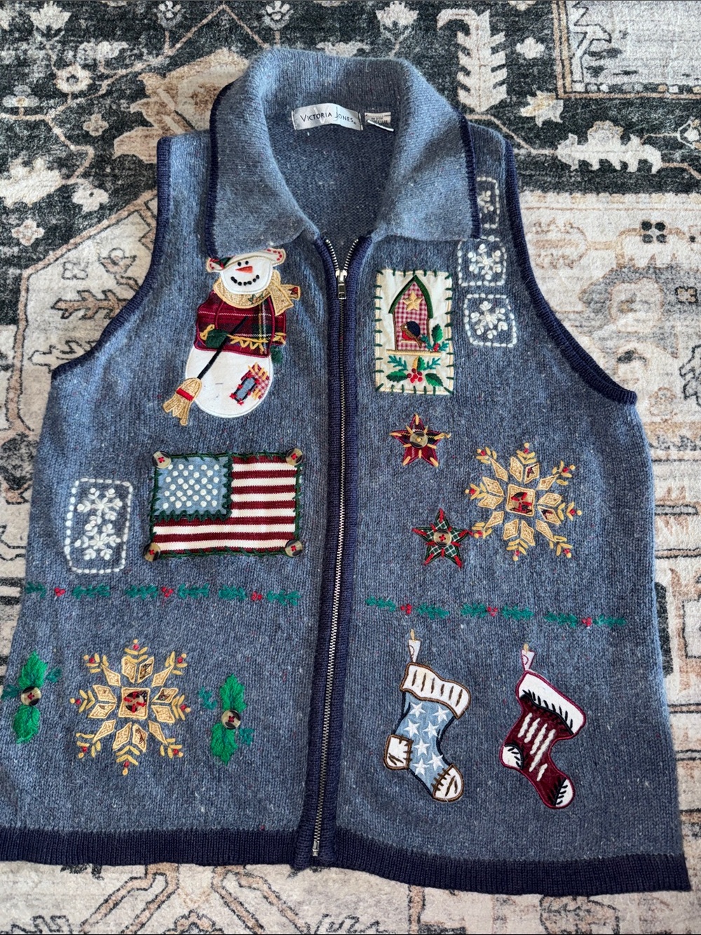 Victoria Jones Women’s Blue Holiday Embroidered Vest. Christmas. Winter